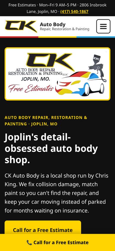 CK Auto Body demo site, home page on a phone